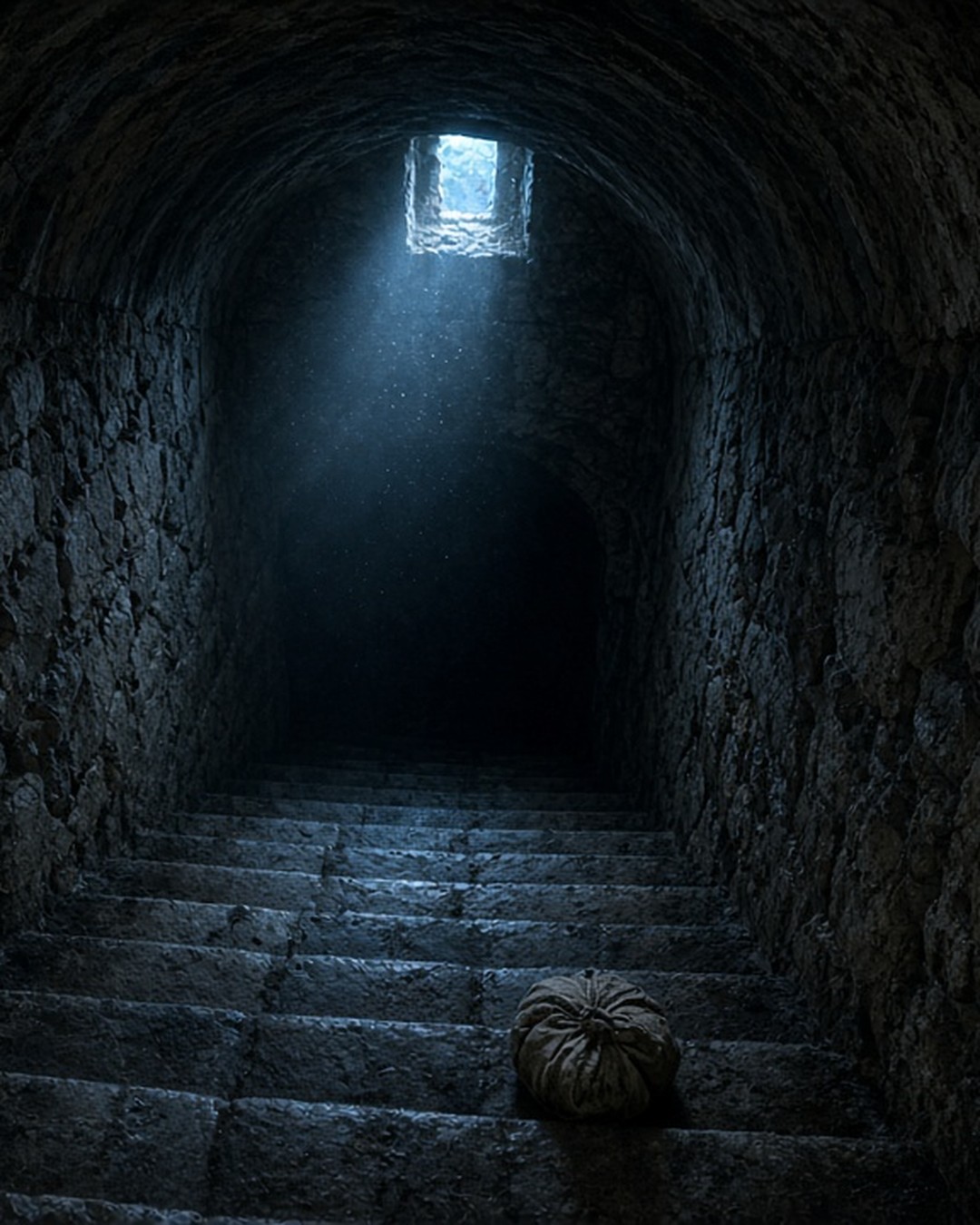 Worn stone steps descending into a dark vaulted castle cellar, a rag ball resting on a step under a shaft of cold blue light