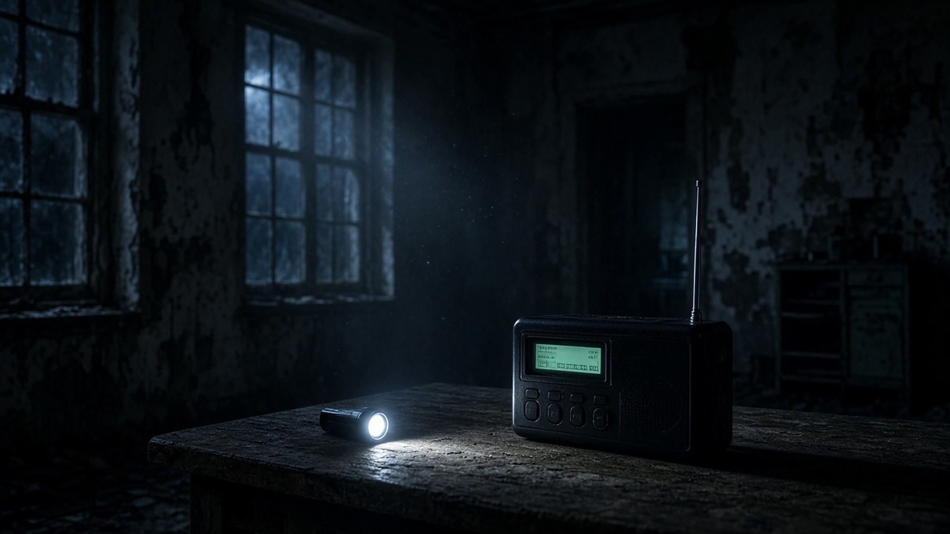 Handheld spirit box glowing on a wooden table in a dark abandoned room at night