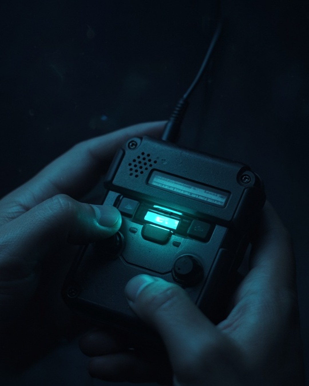 Close-up of hands holding a glowing spirit box during a night investigation