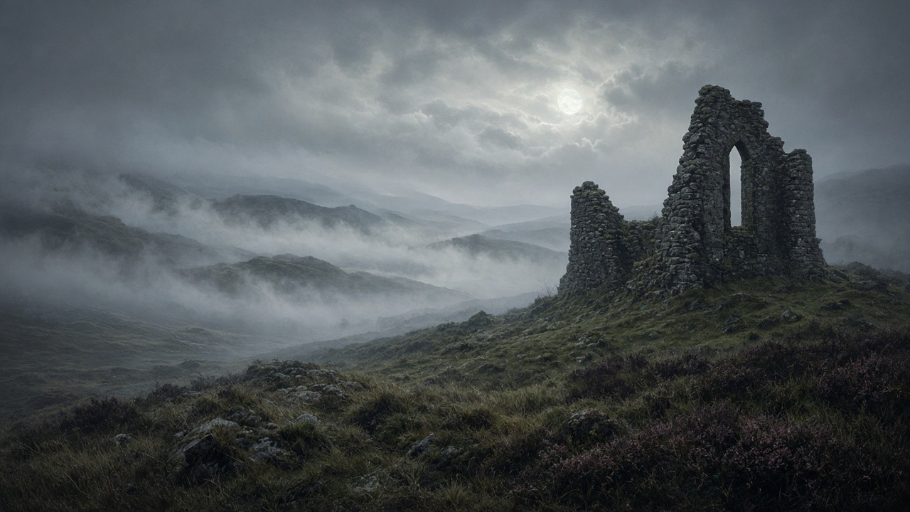 Misty Irish hillside with a ruined stone building under a pale moon