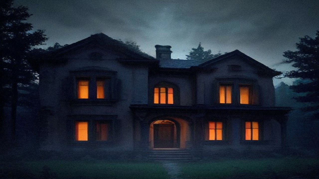 Abandoned nineteenth-century villa in a dark mountain forest at night, its windows glowing amber under a misty sky