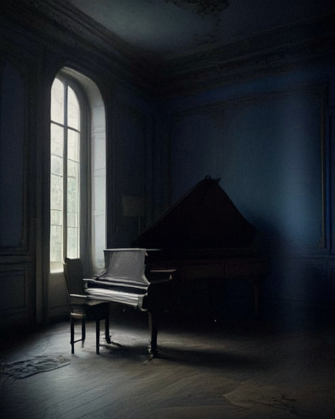 Empty salon of an abandoned villa at night with an old piano beside a tall moonlit window